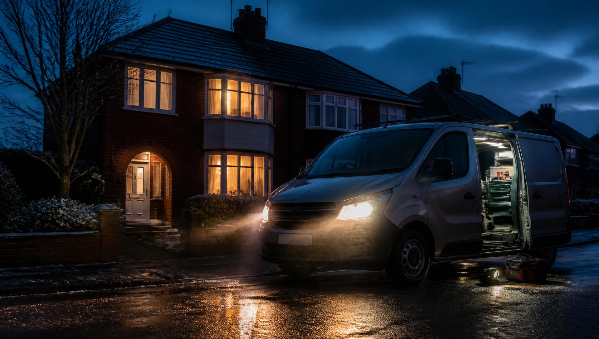 Emergency Boiler Callouts in Offerton - Engineer's van with lights on outside a British home at dusk on an emergency boiler callout