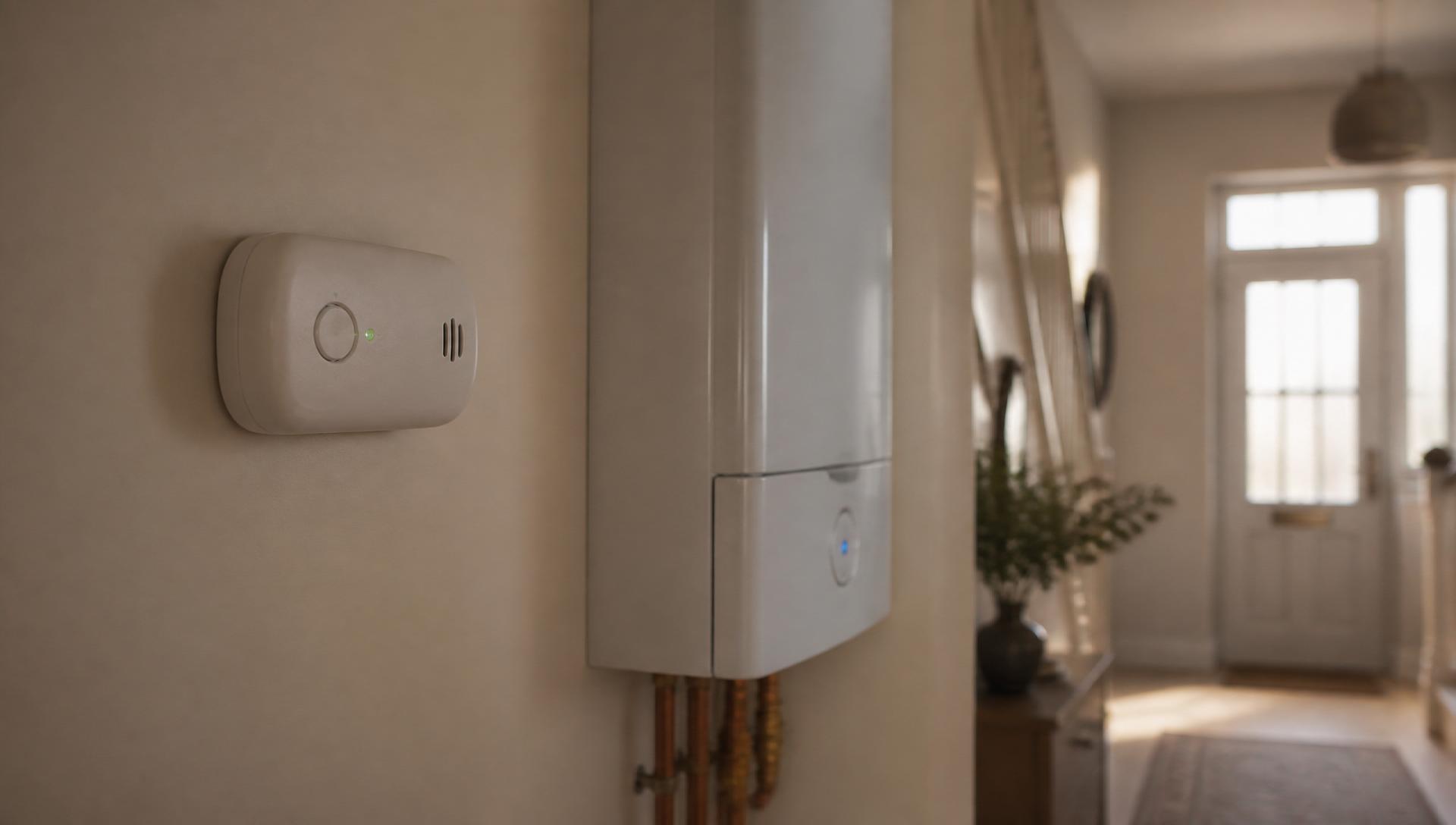 Homeowner Gas Safety Checks in Offerton - Carbon monoxide alarm mounted next to a modern combi boiler in a UK home hallway